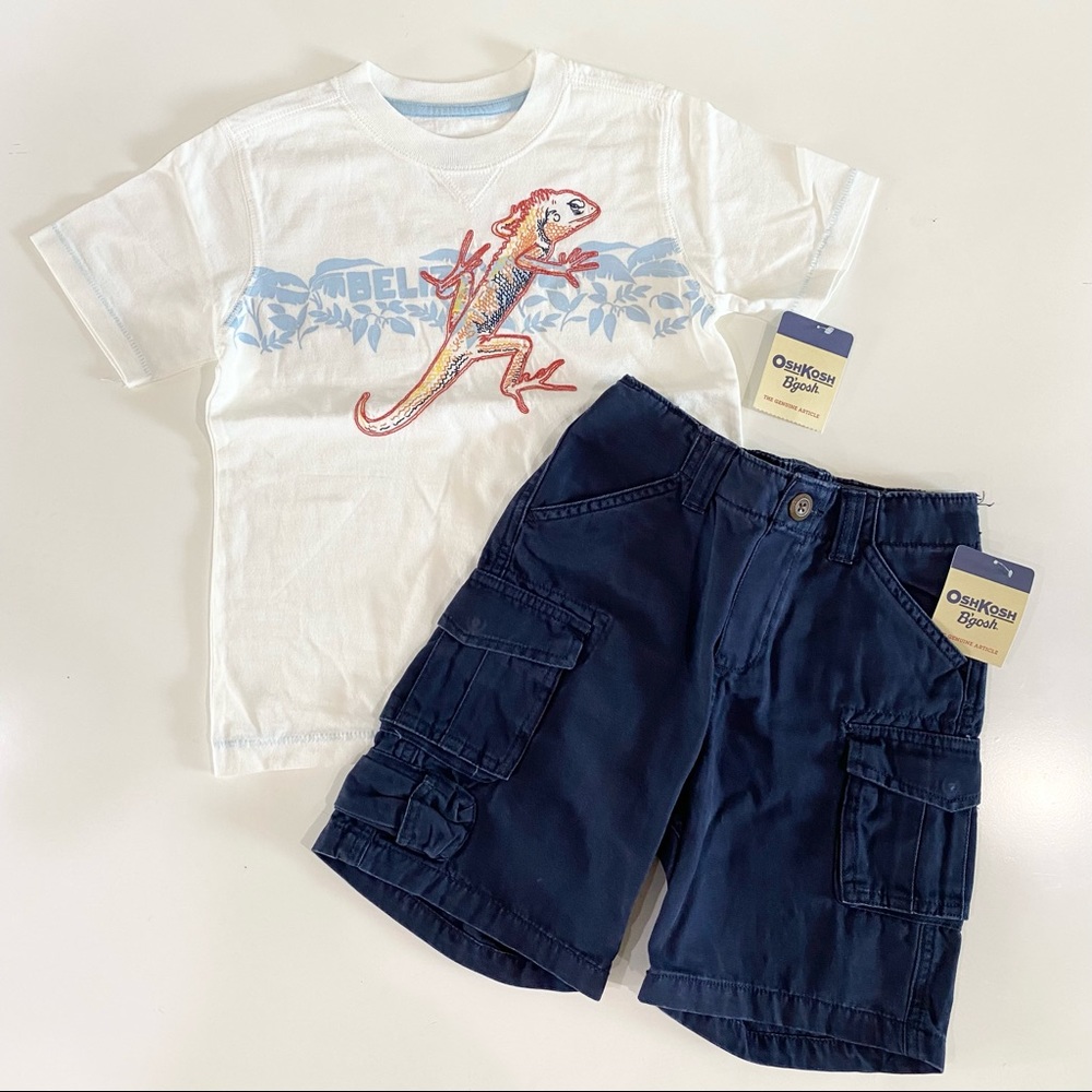 NWT Boys 5T Osh Kosh Navy Cargo Shorts Lizard Shirt Bundle Outfit Set 2 pc New